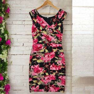 Adrianna Papell V Neck Faux Wrap Floral Print Tiered Ruffle Bodycon Sheath Dress